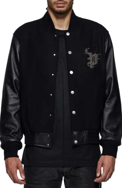 Purple Brand Beaded Logo Patch Wool Blend Bomber Jacket In Black