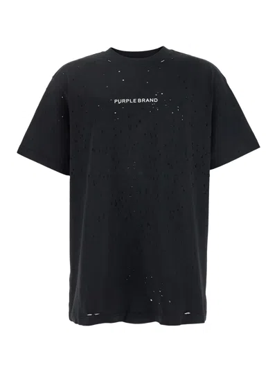 PURPLE BRAND BLACK CREWNECK T-SHIRT WITH LOGO LETTERING ON THE FRONT IN COTTON MAN