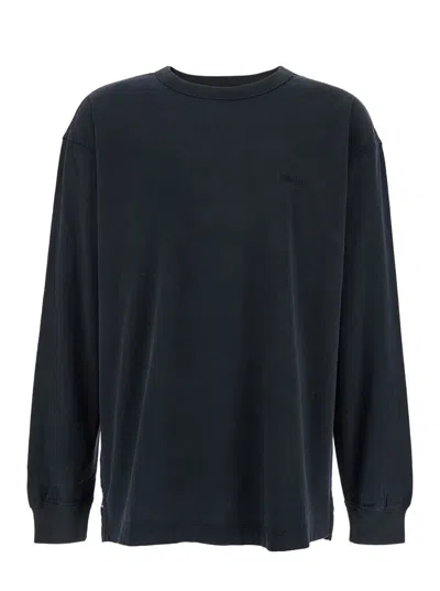 Purple Brand Black Crewneck T-shirt With Long Sleeves And Tonal Logo Lettering Embroidery On The Front In Cotton 