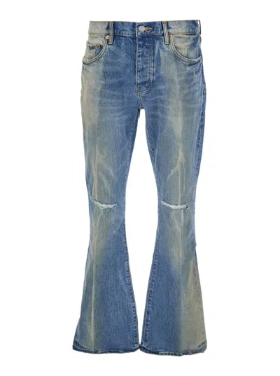 PURPLE BRAND BLUE FLARED JEANS WITH LOGO PATCH ON THE REAR AND FADED EFFECT IN DENIM MAN