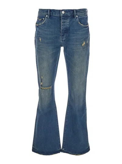 Purple Brand Blue Flared Jeans With Ripped Details On The Front And Logo Patch On The Rear In Denim Man