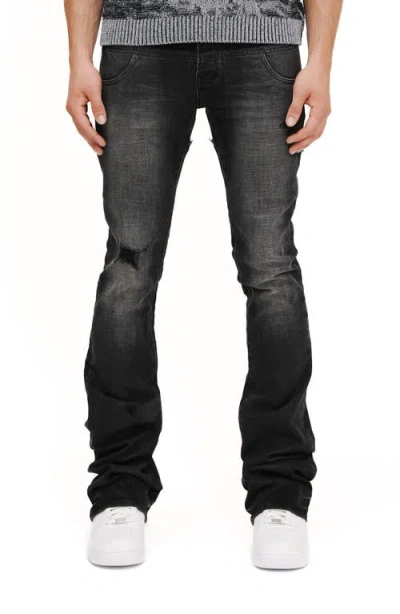 Purple Brand Coated Double Waist Slim Flared Distressed Jeans In Black