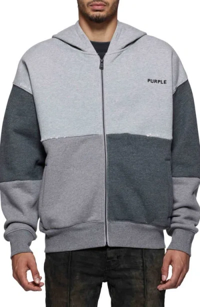 Purple Brand Colorblock Distressed Cotton Zip-up Hoodie In Grey Multi