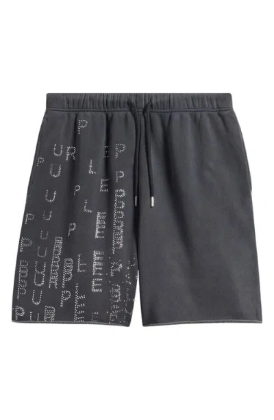 Purple Brand Embellished Logo Raw Hem Fleece Drawstring Shorts In Black