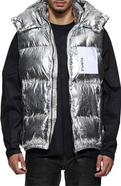Purple Brand Foil Down Puffer Vest In Silver