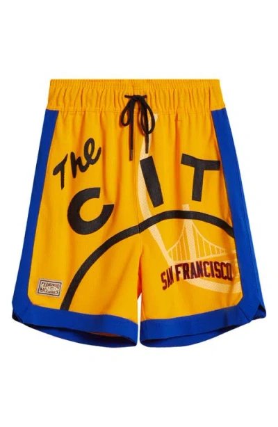 Purple Brand Golden State Warriors Mesh Basketball Shorts In Yellow Multi