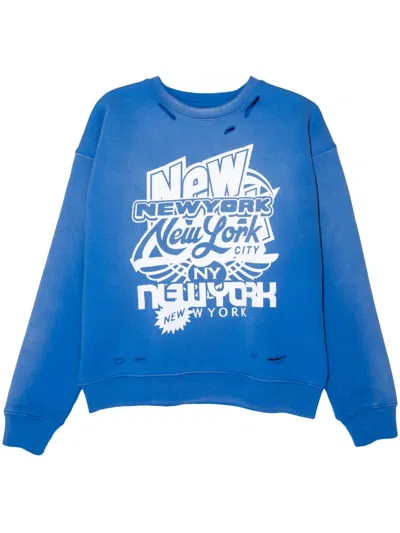 Purple Brand Graphic-print Distressed Cotton Sweatshirt In Blue