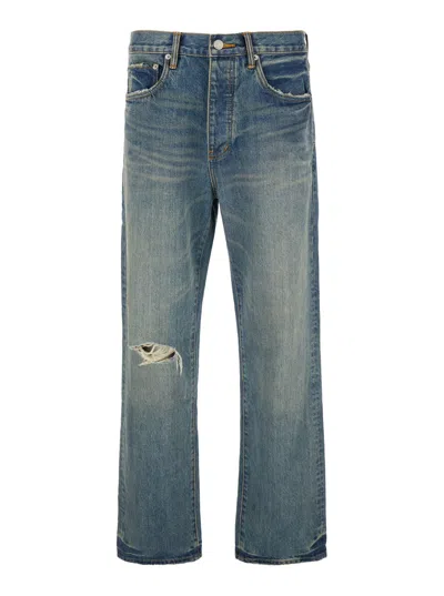 PURPLE BRAND HADLEY VINTAGE BLUE JEANS WITH RIPPED DETAIL ON THE FRONT AND LOGO PATCH ON THE REAR IN DENIM MAN
