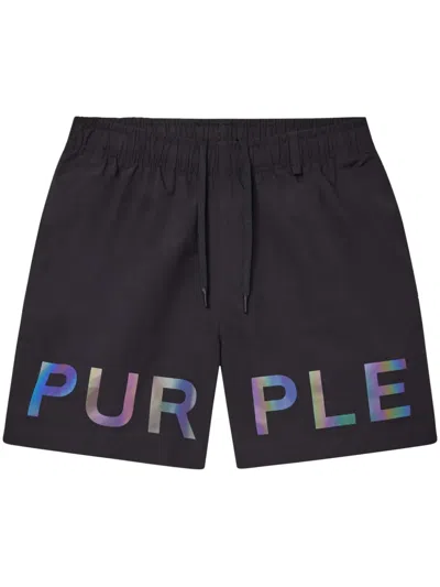 Purple Brand Holographic Wordmark Shorts In Black