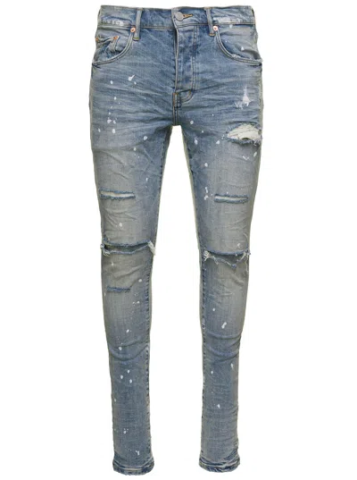 Purple Brand Light Blue Five Pockets Skinny Jeans With Paint Stains In Cotton Denim Man