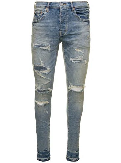 Purple Brand Light Blue Skinny Jeans With Rips Detail In Stretch Cotton Denim Man