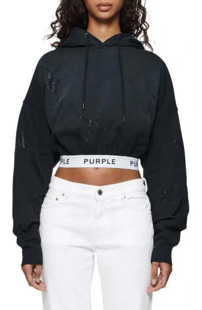 Purple Brand Logo Band Cotton Graphic Crop Hoodie In Black