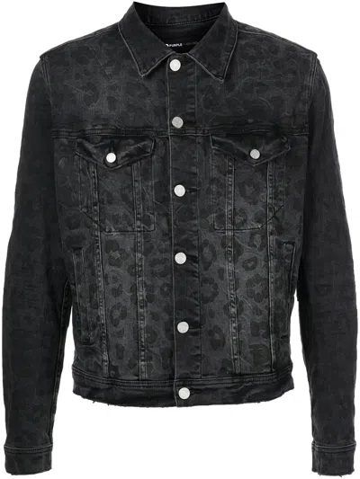 Purple Brand Monogram-leopard Print Denim Jacket In Black
