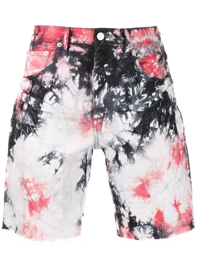 Purple Brand Monogram Tie-dye Print Denim Shorts In Red/black