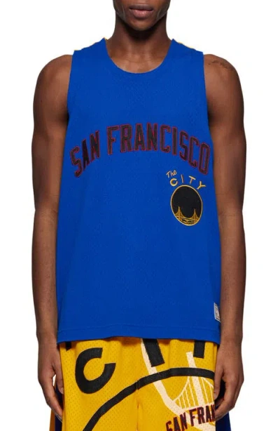 Purple Brand Nba Warriors Appliqué Mesh Graphic Jersey In Blue/yellow