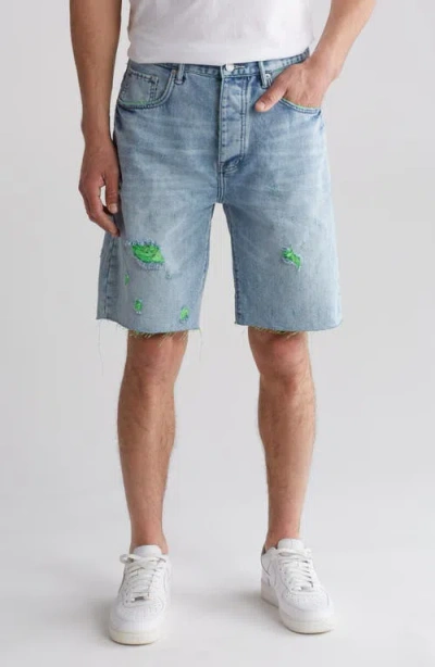 Purple Brand Neon Stitch Denim Shorts In Lt Indigo