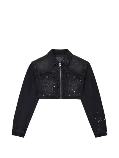 Purple Brand Paint-splatter Cropped Denim Jacket In Black