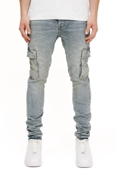 Purple Brand Pumice Washed Skinny Cargo Jeans In Light Indigo