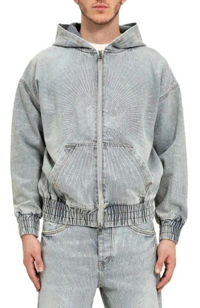 Purple Brand Radial Crystal Hotfix Denim Zip Jacket In Blue