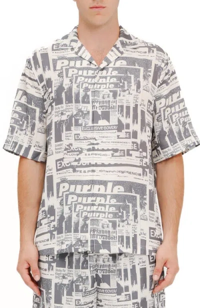 PURPLE BRAND PURPLE BRAND TABLOID PRINT SHORT SLEEVE BUTTON-UP SHIRT