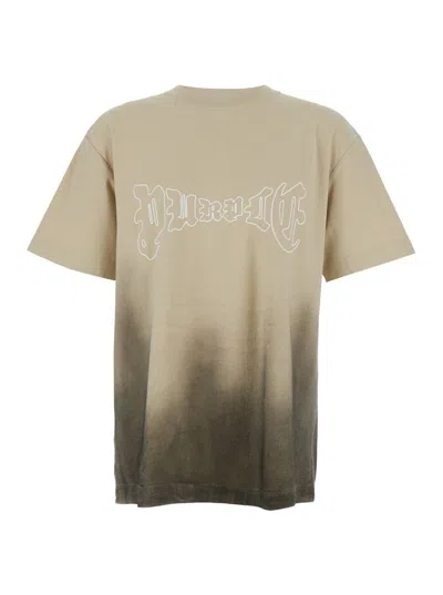 PURPLE BRAND BEIGE CREWNECK T-SHIRT WITH LOGO PRINT ON THE FRONT AND FADED EFFECT IN  COTTON MAN