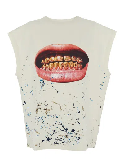 Purple Brand White Crewneck Sleeveless T-shirt With Maxi Print On The Front In Cotton Man