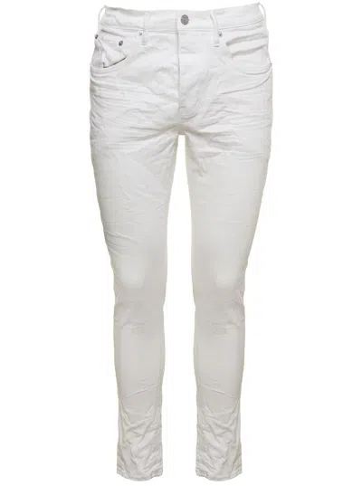 PURPLE BRAND WHITE SKINNY JEANS WITH TONAL LOGO PATCH AND CRINKLED EFFECT IN STRETCH COTTON DENIM MAN