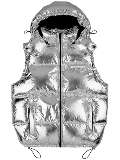 Purple Brand Wordmark Puffer Vest In Silver