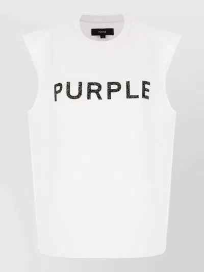Purple Cotton Top Sleeveless Crew Neck Design In White