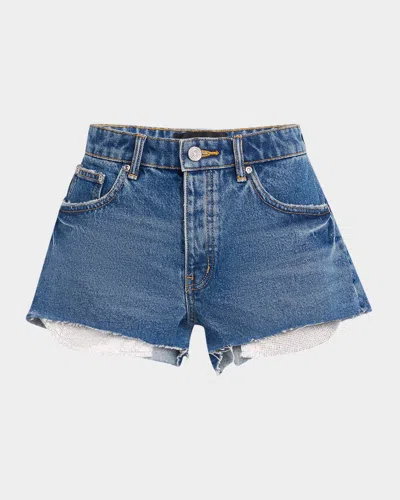 Purple Cut-off Denim Shorts With Rhinestone Pockets In Mid Indigo