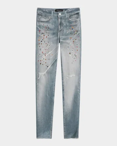 Purple Cyanine Jewel-print Skinny Jeans In Lt Indigo