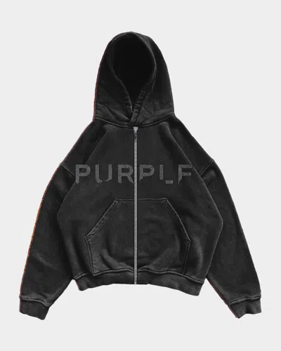Purple Logo Cotton Fleece Zip-front Hoodie In Black