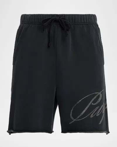 Purple Men & Apos;s Cotton Fleece Raw-edge Rhinestone Logo Shorts In Black