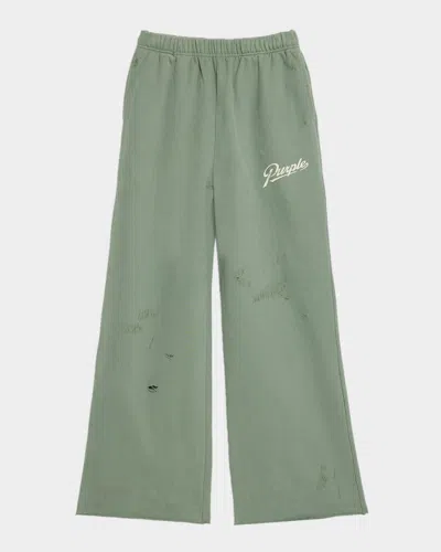 Purple Men & Apos;s Distressed Cotton Flared Logo Sweatpants In Green
