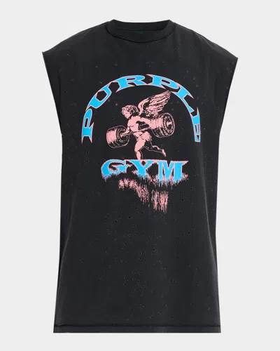 Purple Men & Apos;s Distressed Cotton Gym Logo Sleeveless T-shirt In Black