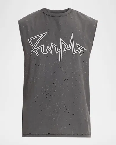 Purple Men & Apos;s Distressed Cotton Sleeveless Logo T-shirt In Gray