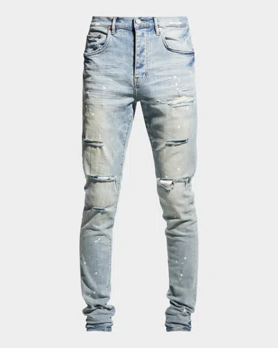 Purple Men & Apos;s Distressed Light-wash Paint Jeans In Blue