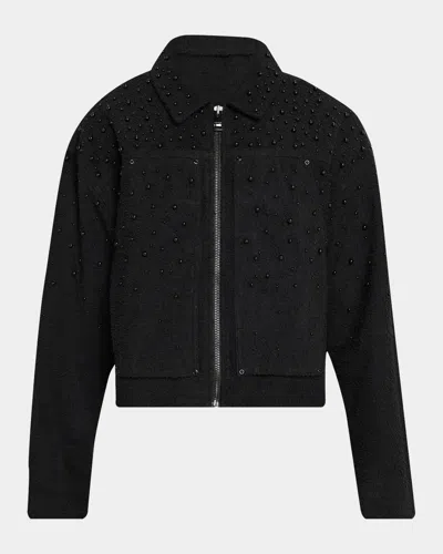 Purple Men & Apos;s Imitation Pearl-embellished Cotton-blend Crop Jacket In Black