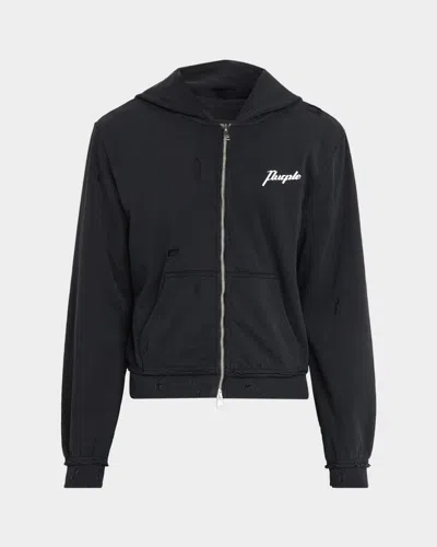 Purple Men & Apos;s Logo Cotton Distressed Shrunken Hoodie In Black
