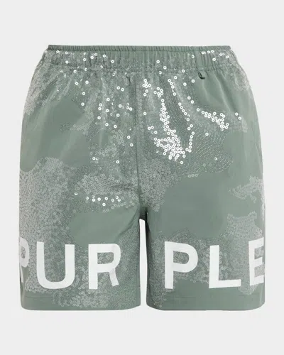 Purple Men & Apos;s Sequin Camouflage All Round Pull-on Shorts In Green