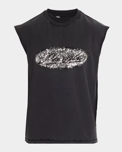 Purple Men & Apos;s Sequin-logo Distressed Cotton Tank Top In Black