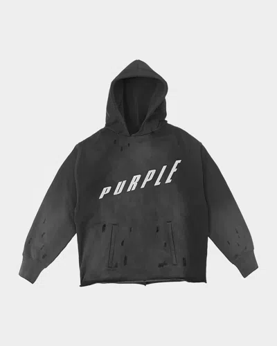 Purple Men & Apos;s Slanted Logo Distressed Fleece Hoodie In Black