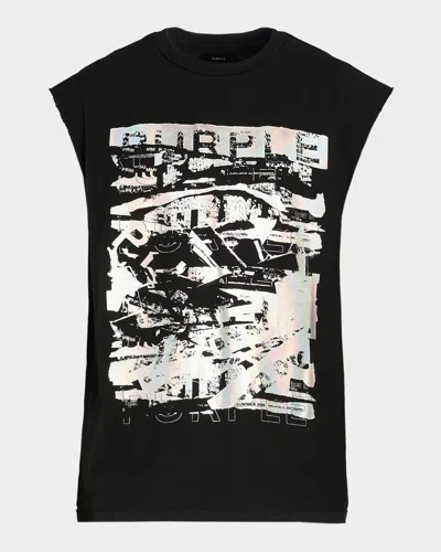 Purple Men & Apos;s Textured Graphic Sleeveless T-shirt In Black