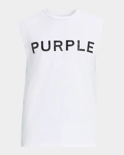 Purple Men & Apos;s Textured-logo Sleeveless Cotton T-shirt In White