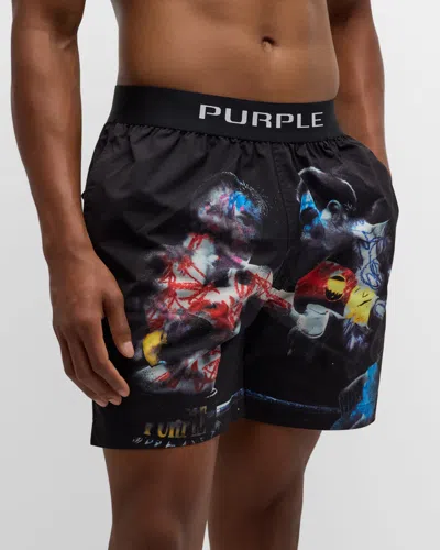 Purple Men's Printed Logo-band Swim Shorts In Black
