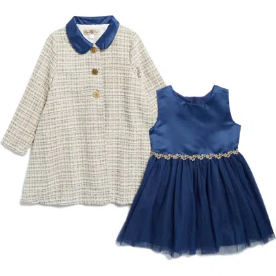 Purple Rose Kids' Tweed Coat & Party Dress Set In Navy