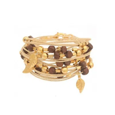 Purplee Store Women's Brown Handcrafted Buriti Amaris Bracelet With Natural Palm Seed In Gold