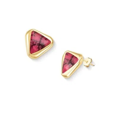 Purplee Store Women's Premium Gold Plated Statement Earrings With Genuine Red Rhodonite