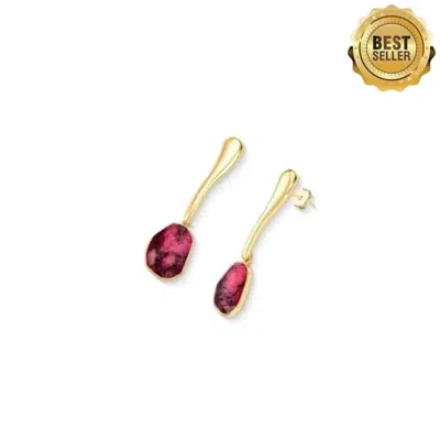 Purplee Store Women's Red Rhodonite Gold Plated Earrings Sculptural Design