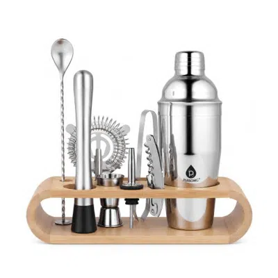 Pursonic 10-piece Bartender Set With Wooden Stand In Metallic Silver
